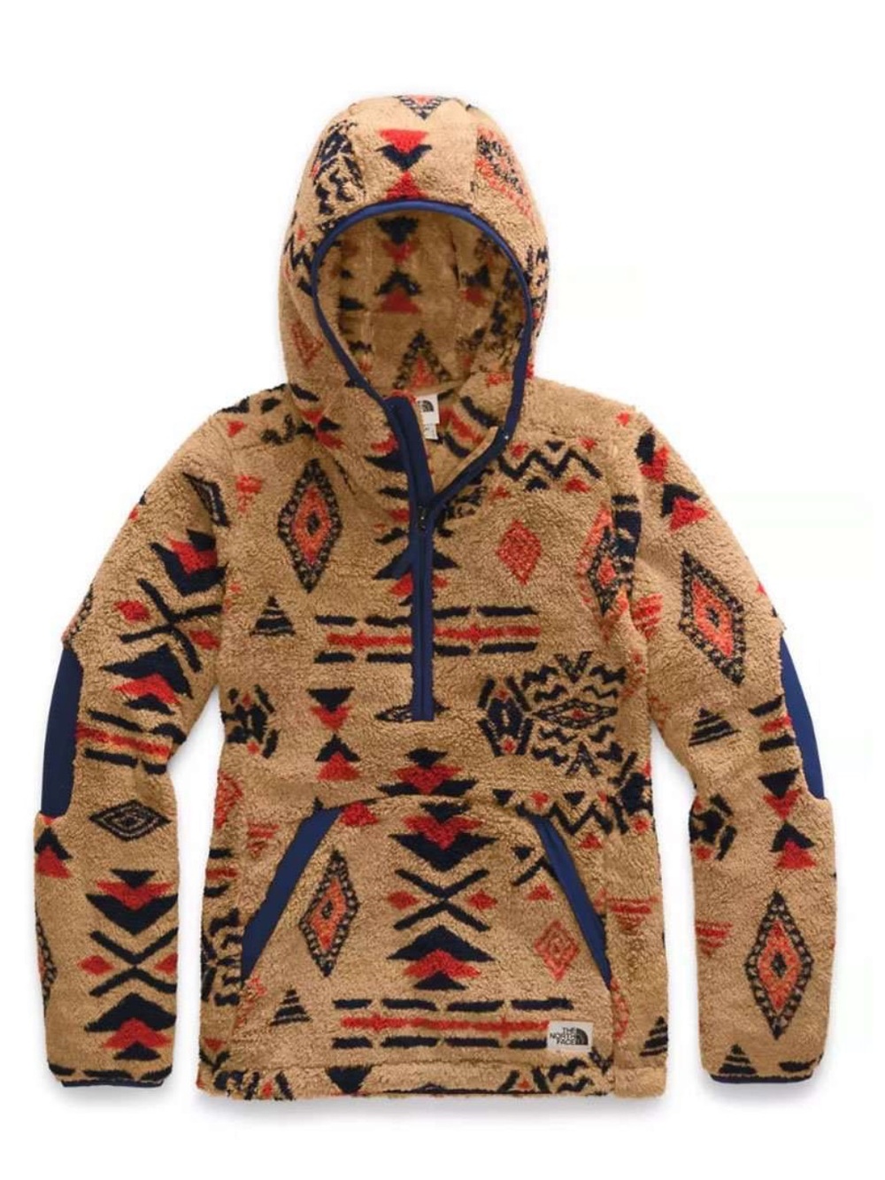 The North Face Woman Tan Aztec-Pattern Hooded Zip Fleece with Navy & Red Accents